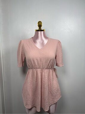 Ember Pink Textured Peplum Blouse V Neck Short Sleeve Stretch Waist Top M